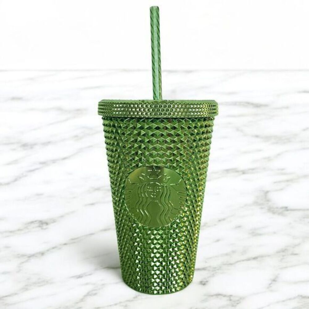 NEW Starbucks Studded Green Cold Cup Tumbler Metallic Diamond‎ Pattern 16oz